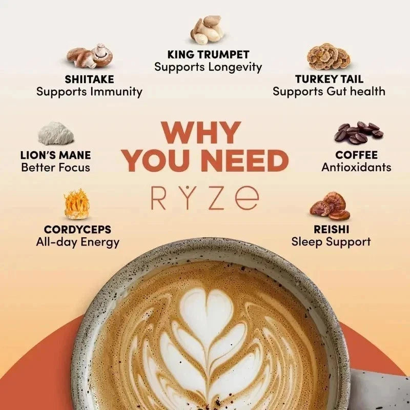 RYZE Organic Mushroom Coffee – 30 Servings Instant Coffee Mix | New | Free Shipping